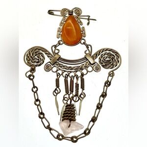 Vintage Artisan Silver Tone Brooch Pin Carnelian Polished Gemstone Articulated